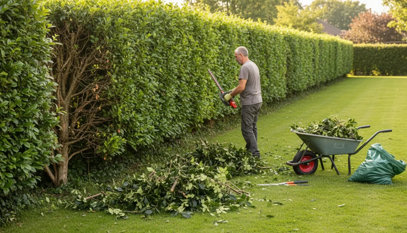 Gartner beskærer en lang kirsebærlaurbærhæk med hækkeklipper og fylder en trillebør med afklippede grene.
