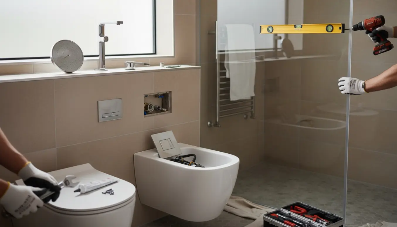 Delvist monteret bruseniche og nye armaturer på et badeværelse med værktøj i forgrunden.
