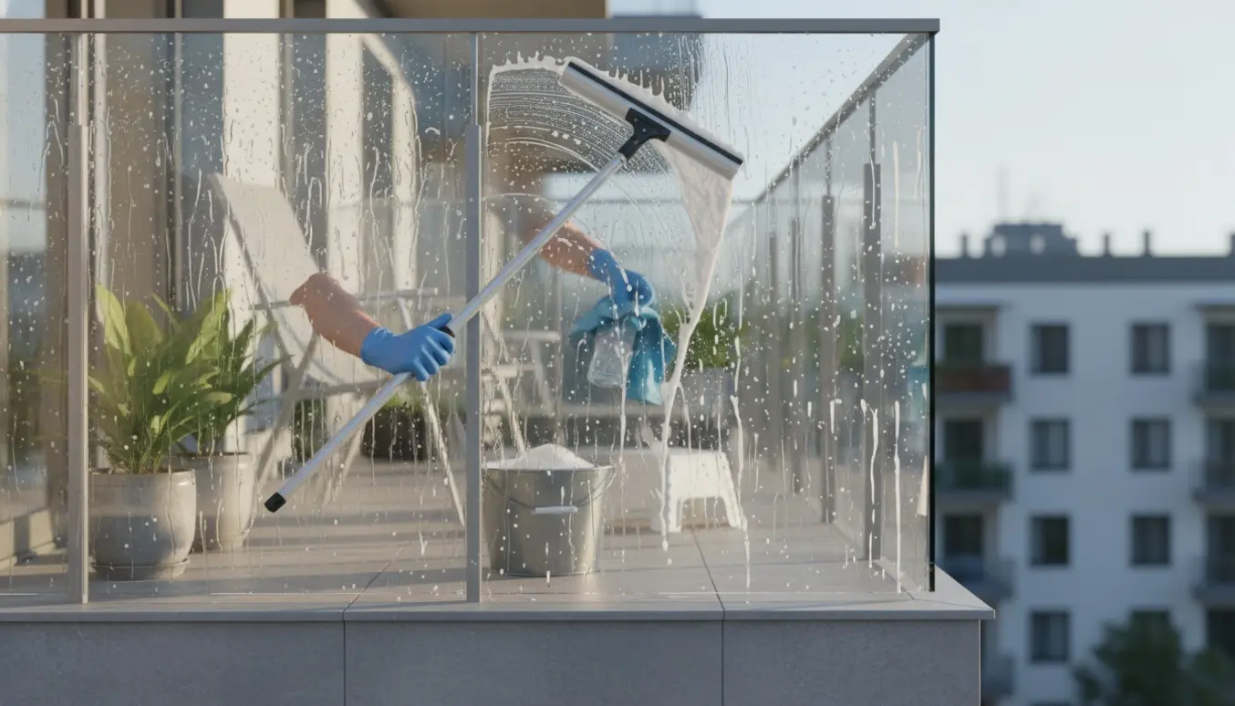 To altaner med glasværn, hvor handskerklædte hænder bruger en vinduesskraber, så den ene altan står ren og skinnende.