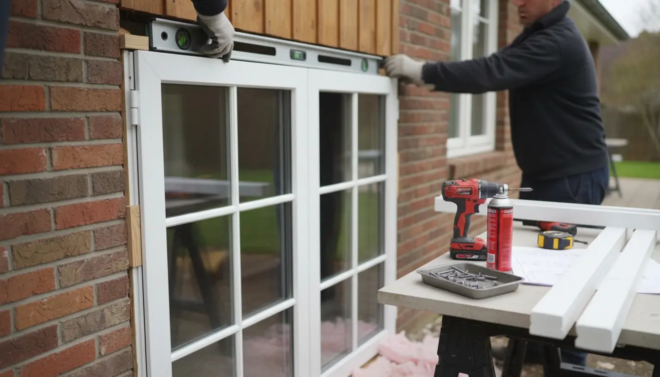 Håndværkere monterer en hvid terrassedør i en ydervæg med værktøj og shims omkring.