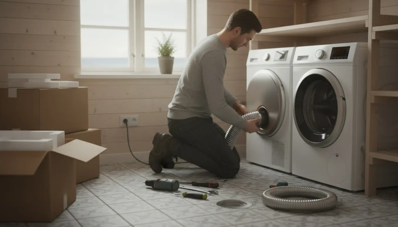 Installatør tilslutter en ny tørretumbler i et lyst bryggers med værktøj og emballage omkring, ansigtet er ikke synligt.