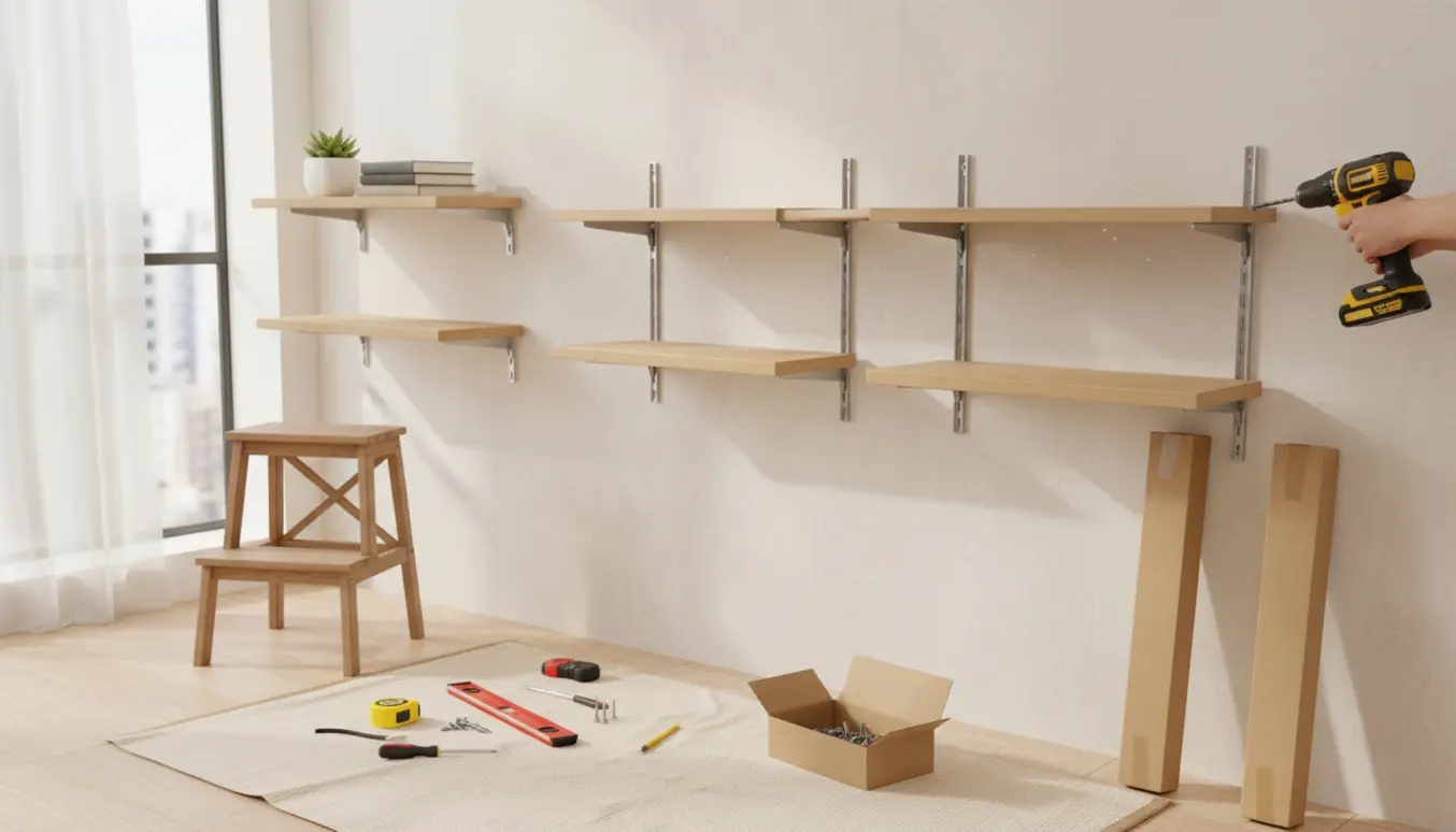 Hænger tre sæt væghylder op i en stue med værktøj og hænder i fokus.