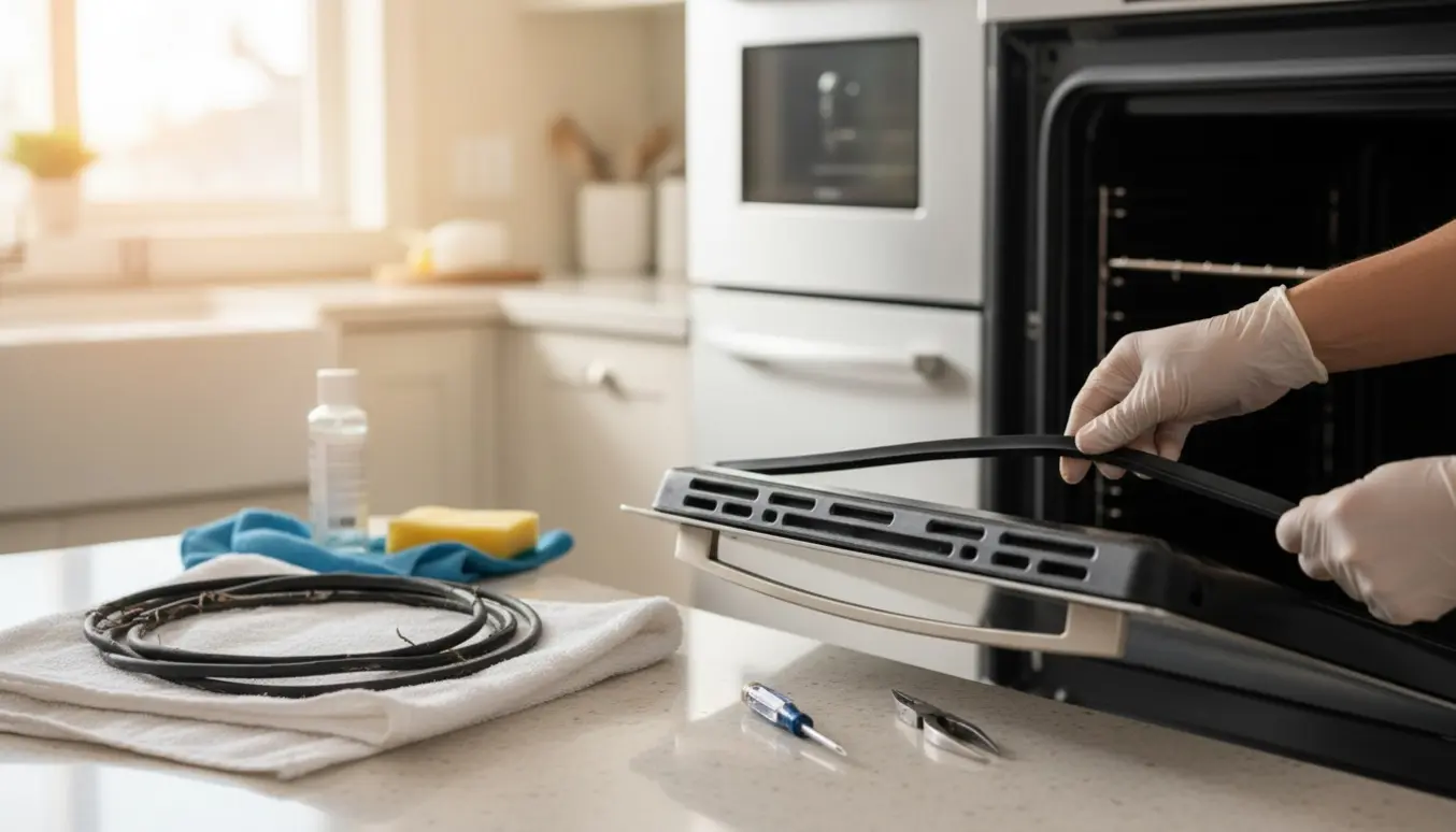 Nærbillede af udskiftning af gummiliste i ovnens forkant, hvor en ny liste presses på plads.