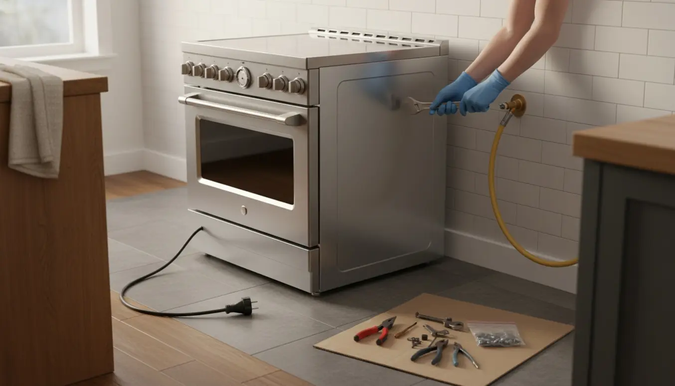 Komfur trukket ud af køkkennichen med værktøj og afmonterede tilslutninger klar til genmontering.