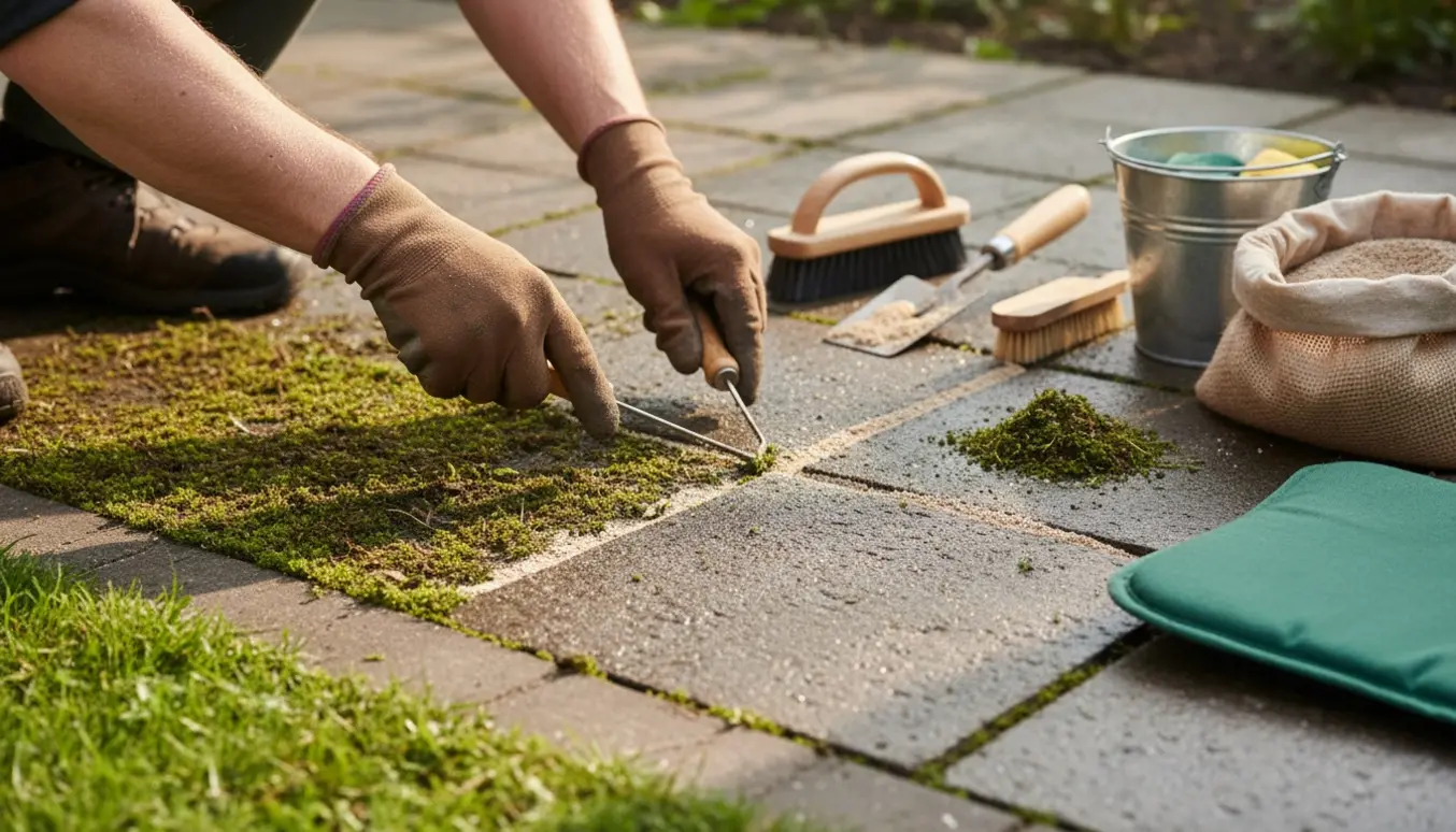 Nærbillede af rensning af fliser og fjernelse af ukrudt mellem fuge på en terrasse med haveredskaber.