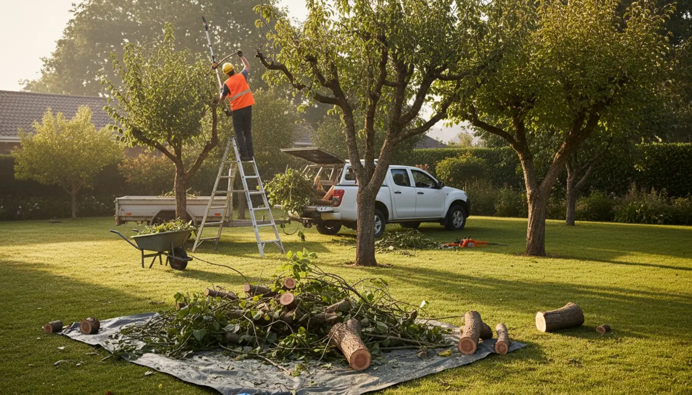 Beskæring af småtræer med en bunke beskårne grene og lastning på trailer i en have.