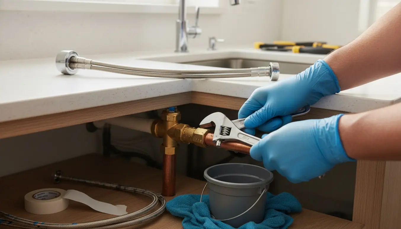 Hænder monterer en ballofix på et rør under en køkkensvask med værktøj og en ny vandhane på bordet.