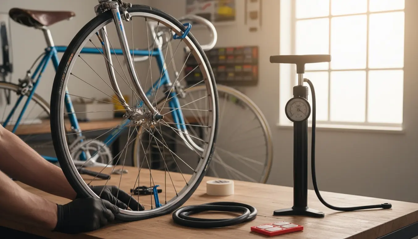 Nærbillede af ældre racercykel med forhjul hvor dækket er delvist afmonteret og to nye slanger ligger klar.