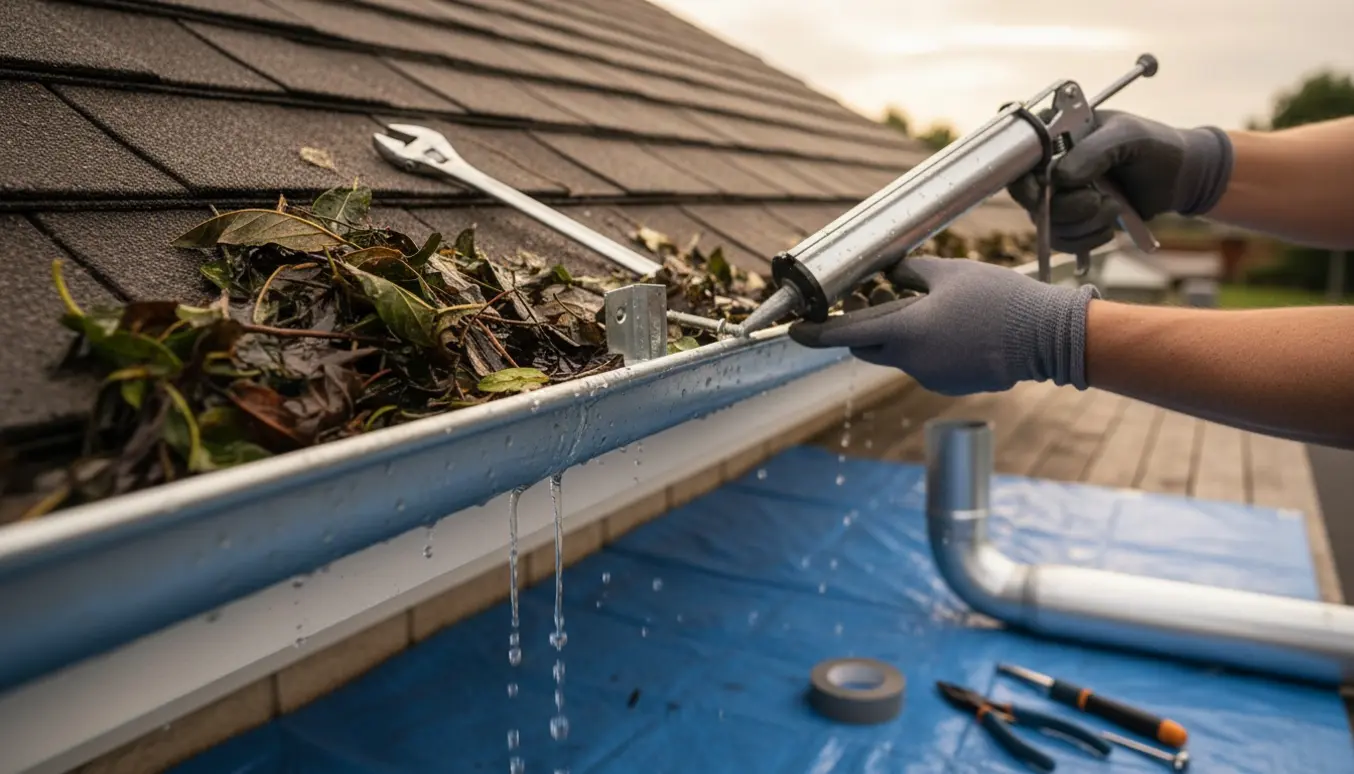Tætbillede af en løbende tagrende hvor håndryk tætner en nedløbsrørsamling, med nyt nederste rør klar til montering.