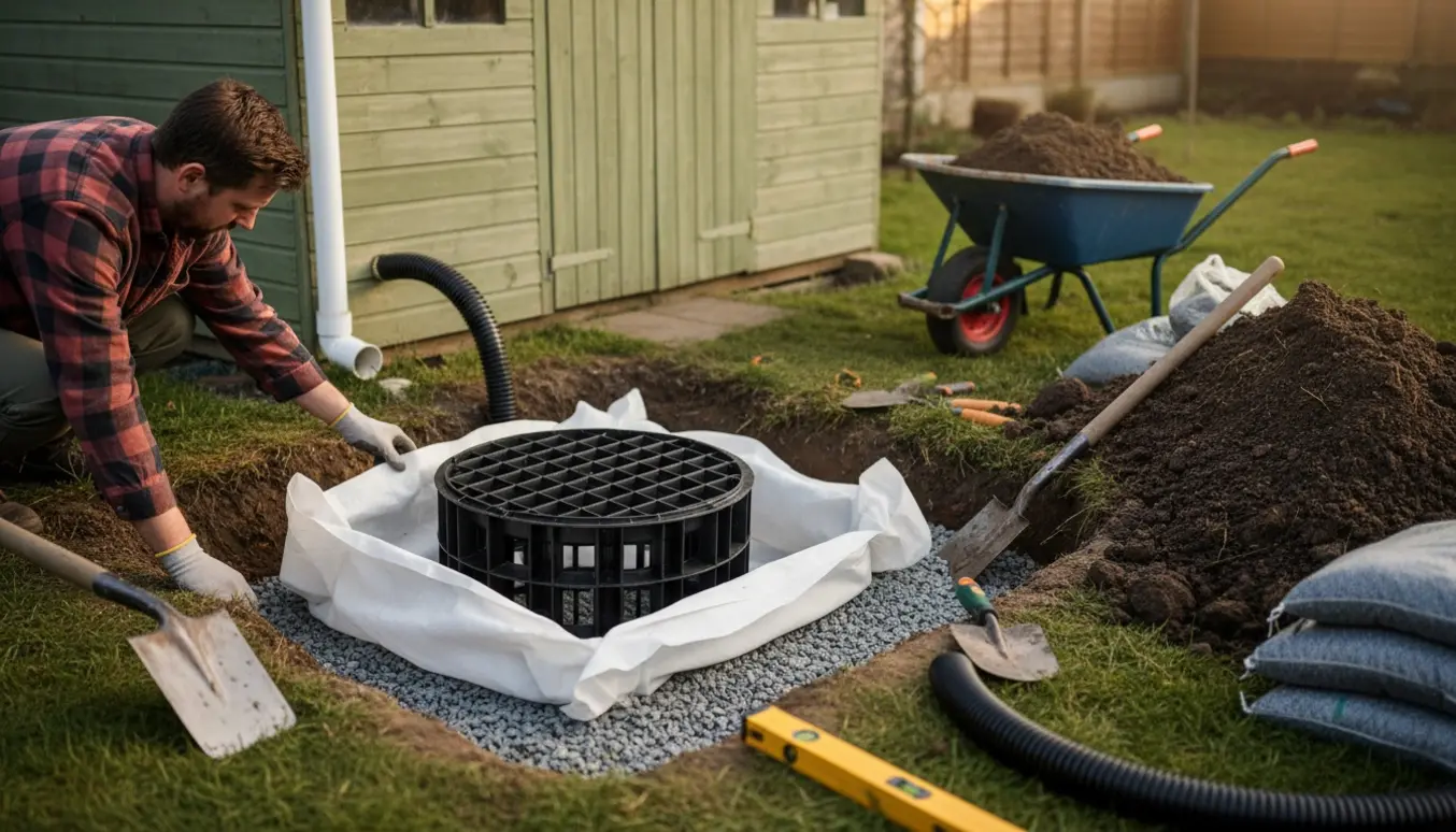 Nedgravet faskine ved et træskur med grus, afgravet jord og værktøj mens en person arbejder med spade.