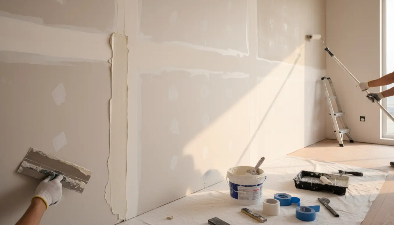 Nymonteret gipsvæg bliver spartlet og malet i et lyst rum med værktøj og afdækning på gulvet.