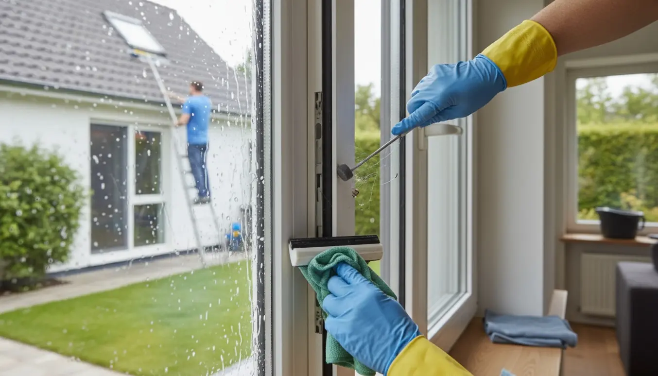 Hænder rengør vinduer indvendigt og mellem ruder, mens en arbejder på stige vasker udvendigt.