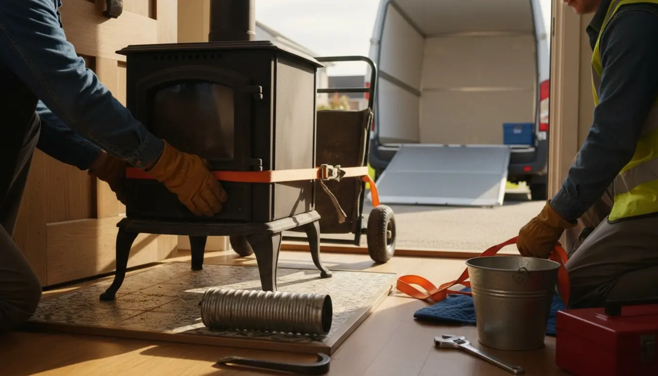 To personer i arbejdshandsker løfter en afmonteret støbejernsbrændeovn klar til afhentning.