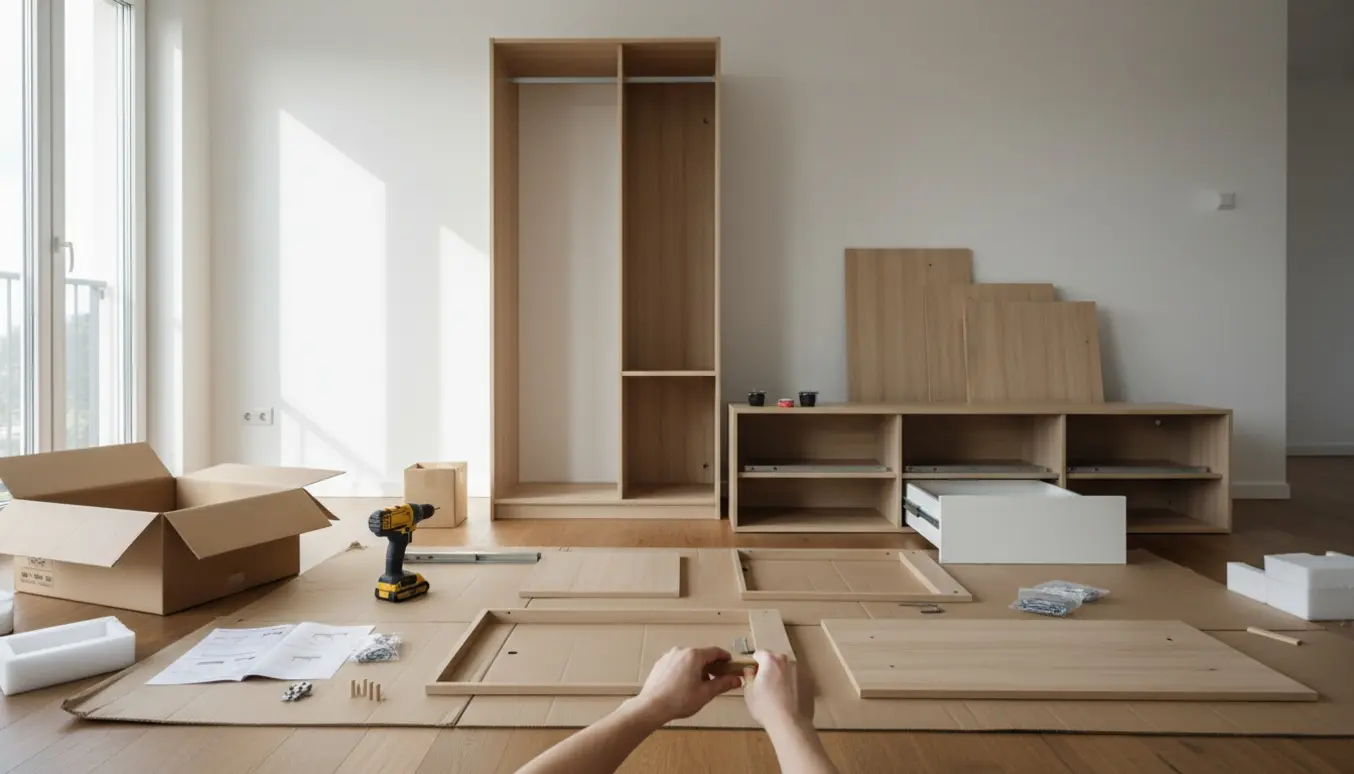 Delvist samlet garderobeskab og løse plader med værktøj og hardware klar til montering i et lyst rum.