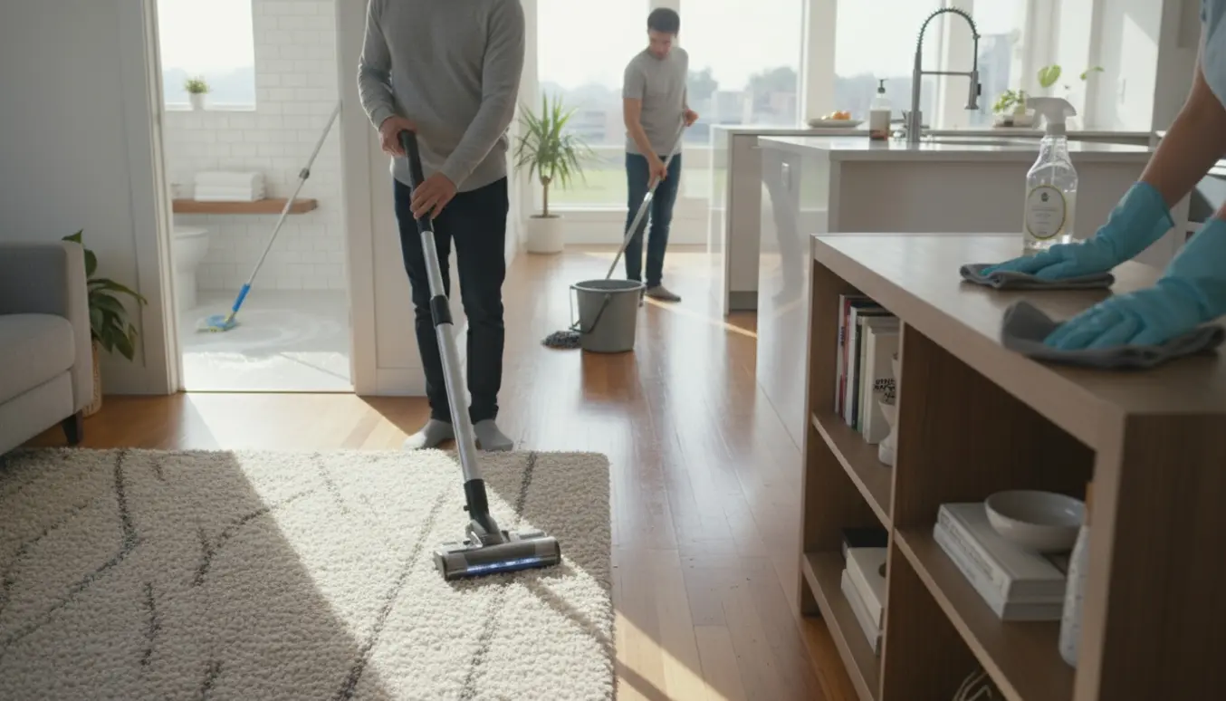 Åben underetage med hænder, der støvtør, støvsuger og vasker gulve i stue, køkken og badeværelse.