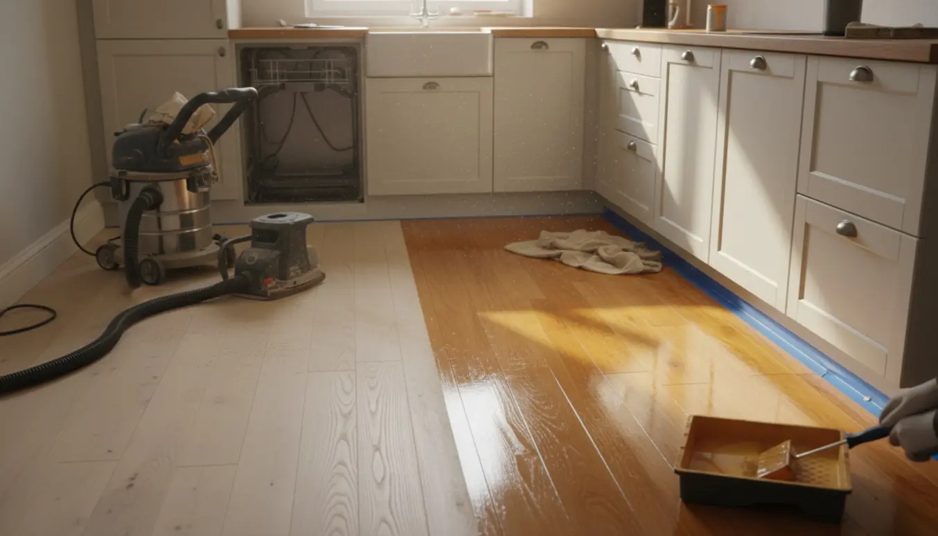 Nyligt slebet og halvt lakeret trægulv i et lille køkken med værktøj og våd lak.