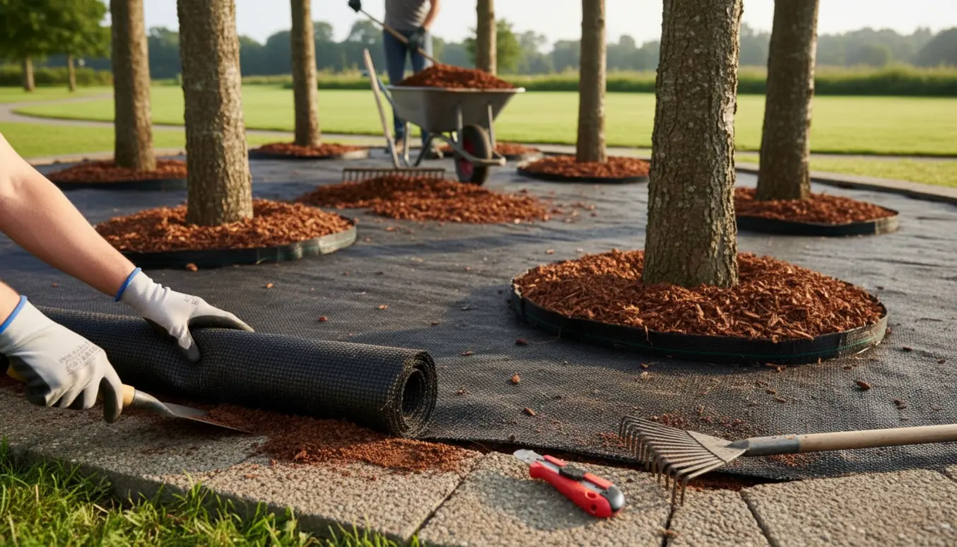 Nærbillede af en gartner, der tucker dug under kantfliser og spreder dækbark omkring træer i et bed.