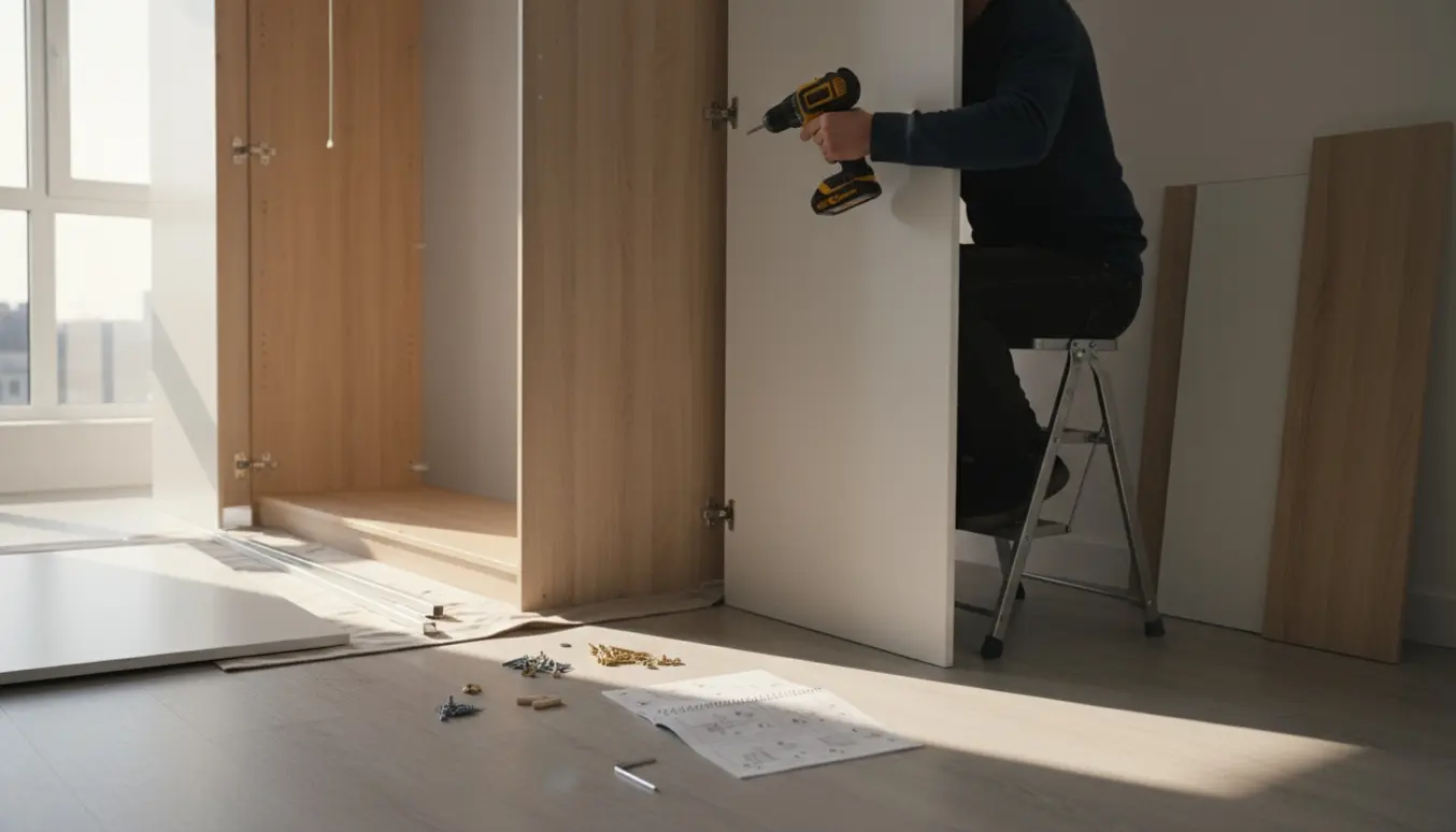 En person samler et stort garderobeskab i en lys gang med værktøj og åbne skabsdele.