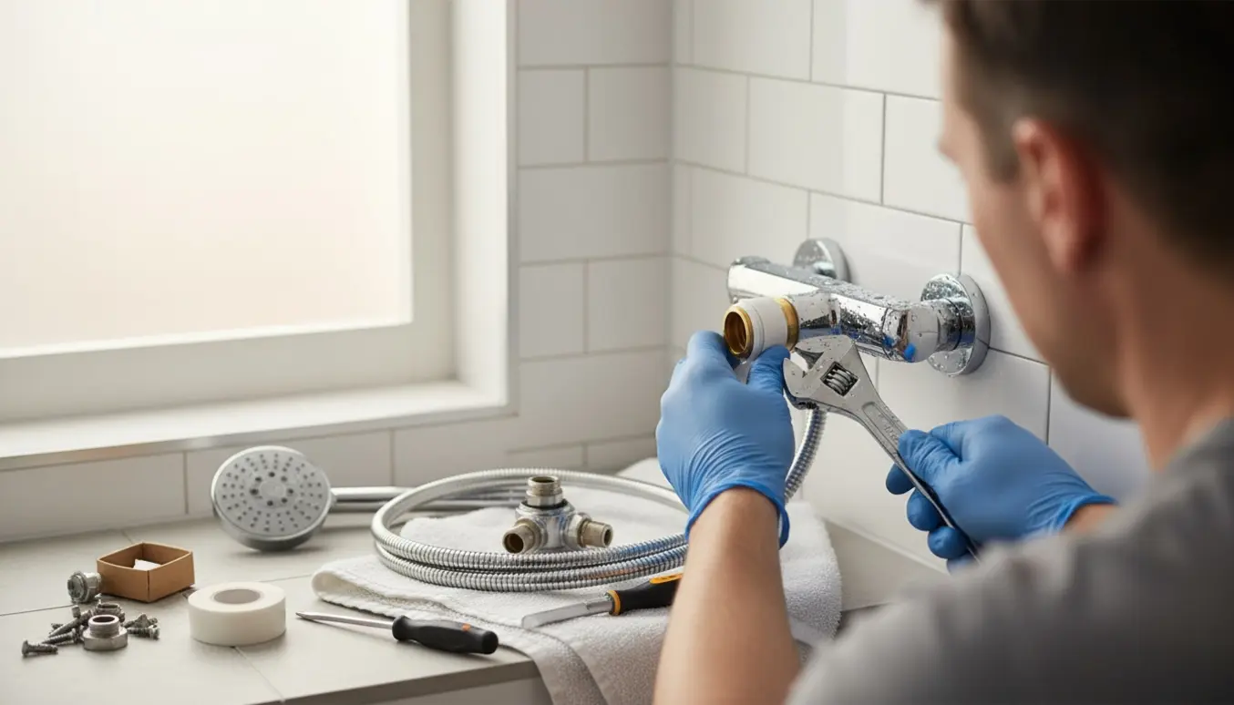 Håndværker monterer et nyt krom brusearmatur i et flisebelagt badeværelse.