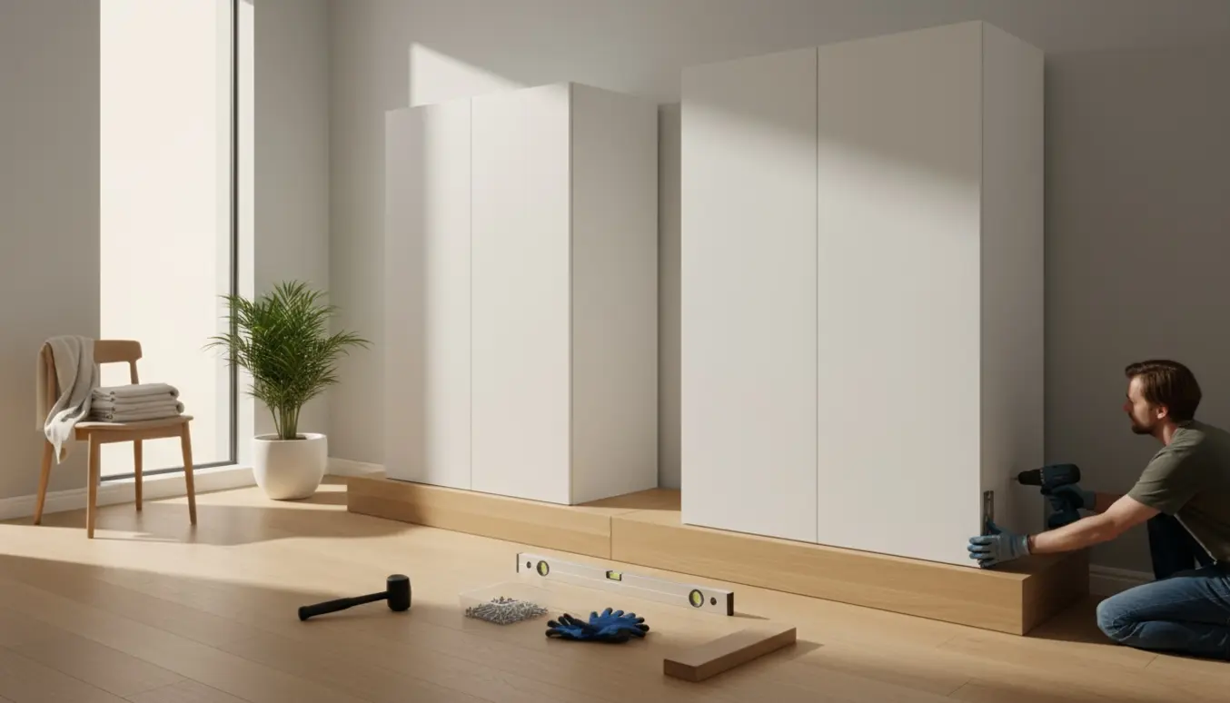 To monterede hvide klædeskabe på en lav sokkel i et lyst soveværelse, mens et tredje skab sættes på plads.
