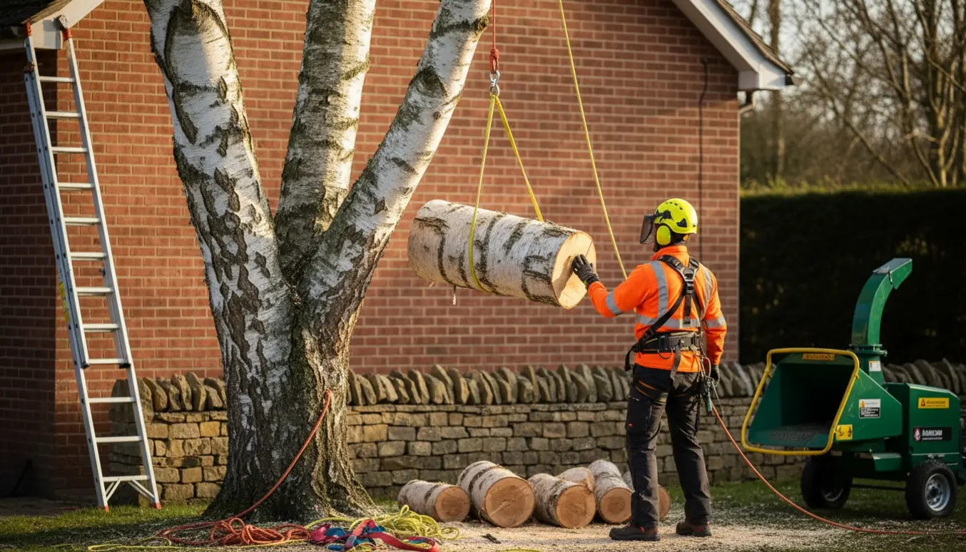 Arborist sænker en sektion af en høj birk ned med reb tæt på et hus og en lav mur.