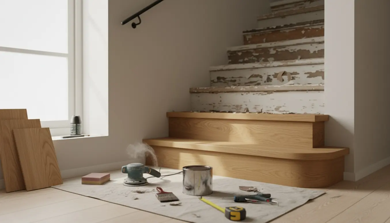 Halvt nyslebet og halvt slidt trappe i et lyst gangareal med værktøj og materialer klar til renovering.