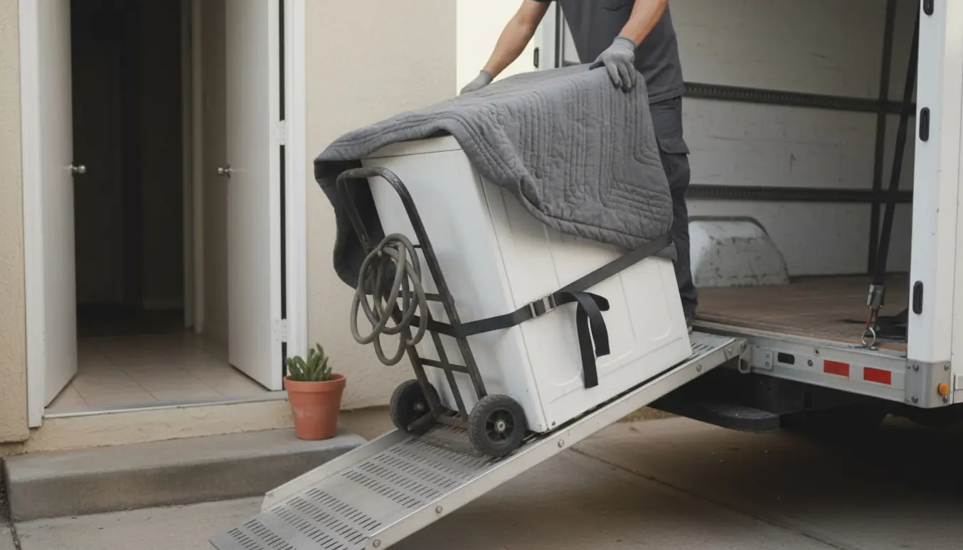 To flyttemænd læsser en brugt vaskemaskine fra stueetagen ind i en varebil.