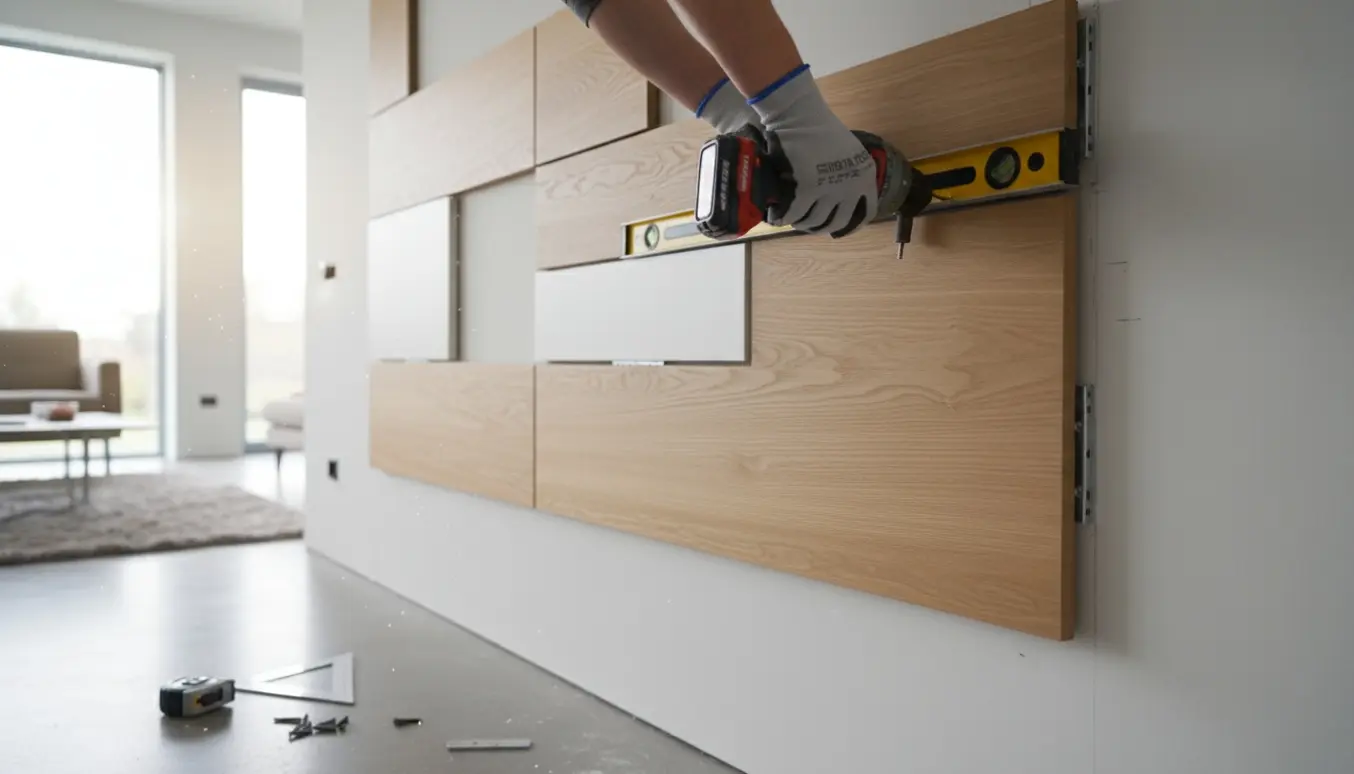 Nærbillede af installation af modulopbygget vægpanel i moderne stue uden pejs.