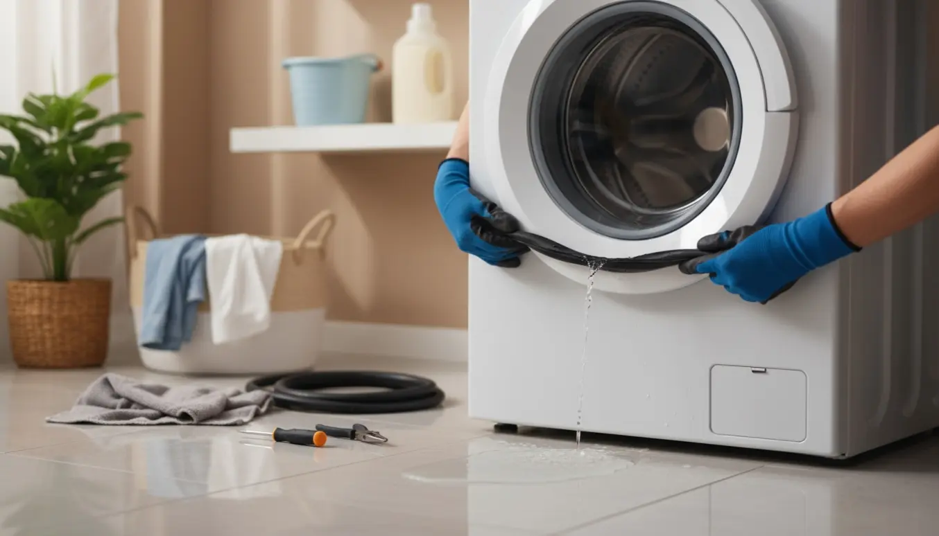 Frontbetjent vaskemaskine med løs gummipakning, vand på gulvet og hænder, der retter gummilisten med værktøj ved siden af.