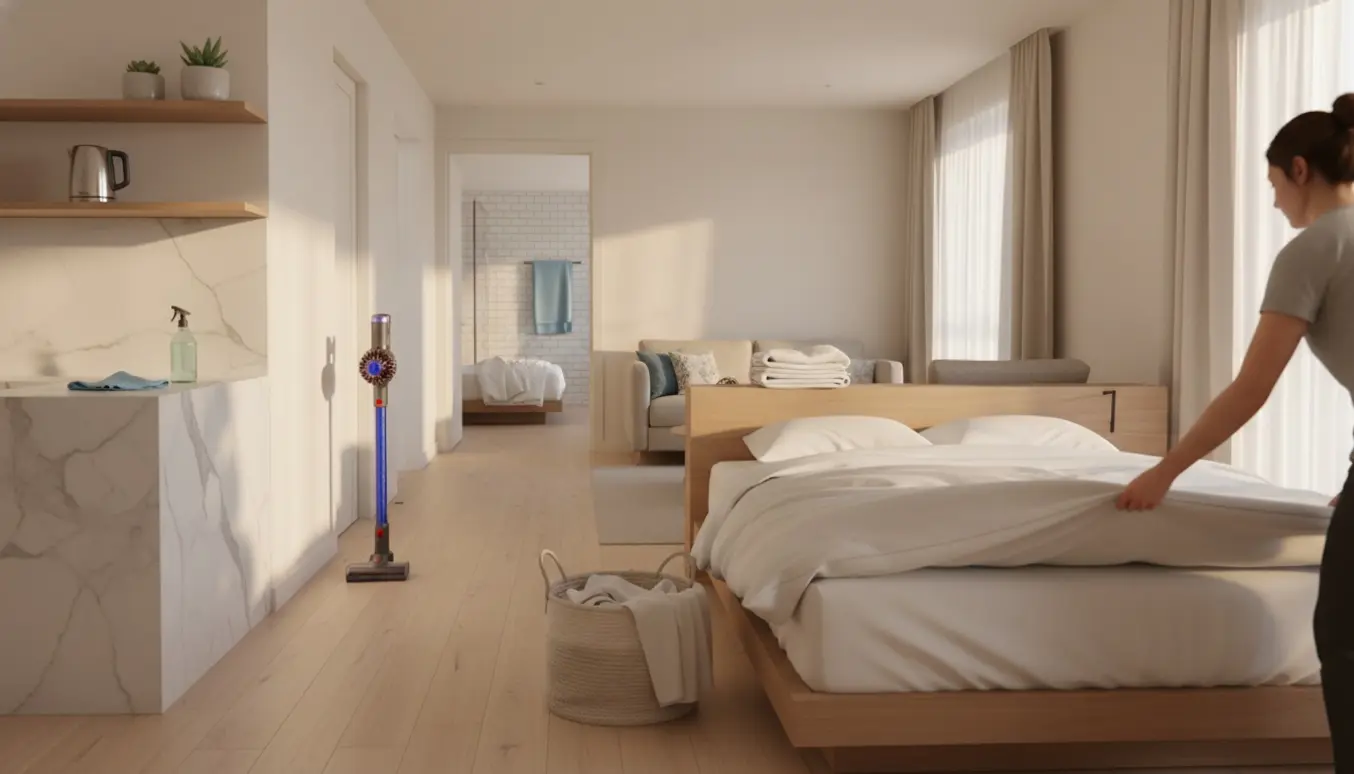 Soloplyst Airbnb-lejlighed under rengøring med rent sengetøj og en stak håndklæder klar til nye gæster.