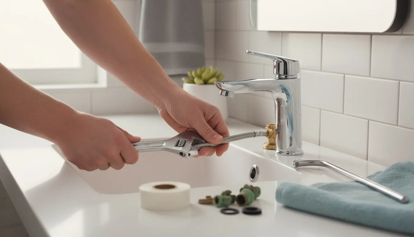 Hænder monterer et nyt kromarmatur på et hvidt badeværelsesvask med værktøj og tætningsbånd.