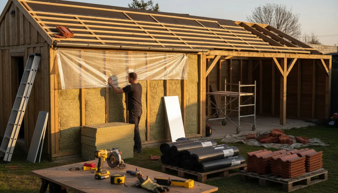 Skur under renovering med eksponerede stolper, isoleringsplader og delvist udskiftet tag ved en overdækket terrasse.
