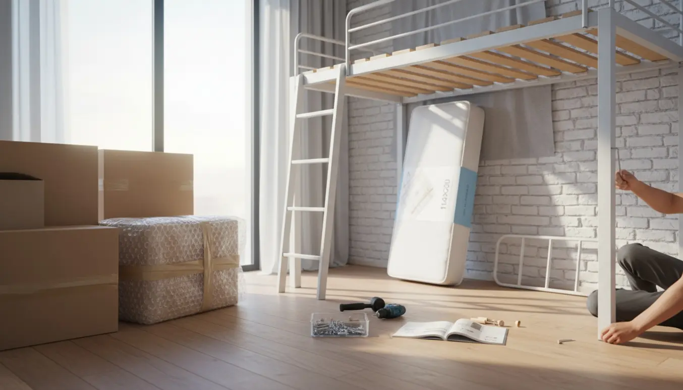 Delvist samlet hemseng i lyst værelse med værktøj og hænder, der spænder bolte, uden synlige ansigter.