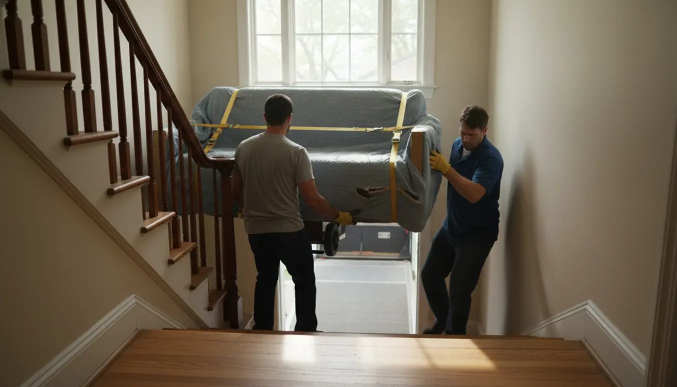 To flyttemænd bærer en sofa ned ad en smal trappe fra 1. sal, pakket ind i beskyttelsesdækkener og stropper.