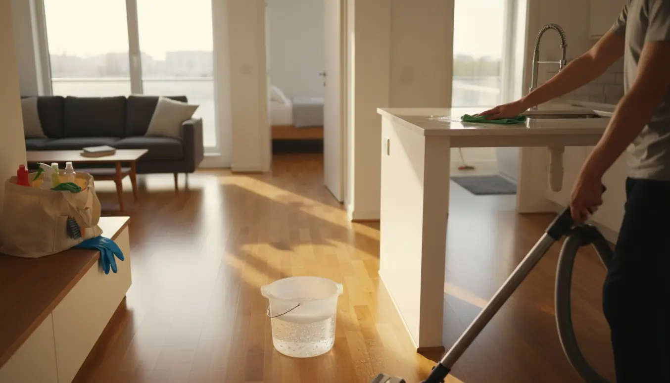 Hænder i handsker støvsuger og vasker gulvet i en åben stue-køkken med rengøringsmidler i en taske.