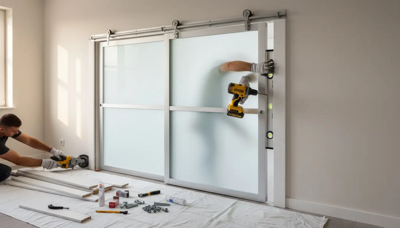 Installation af en skydedør mellem to vægge med håndværkeres hænder, anslagslister og afmonterede fodlister.