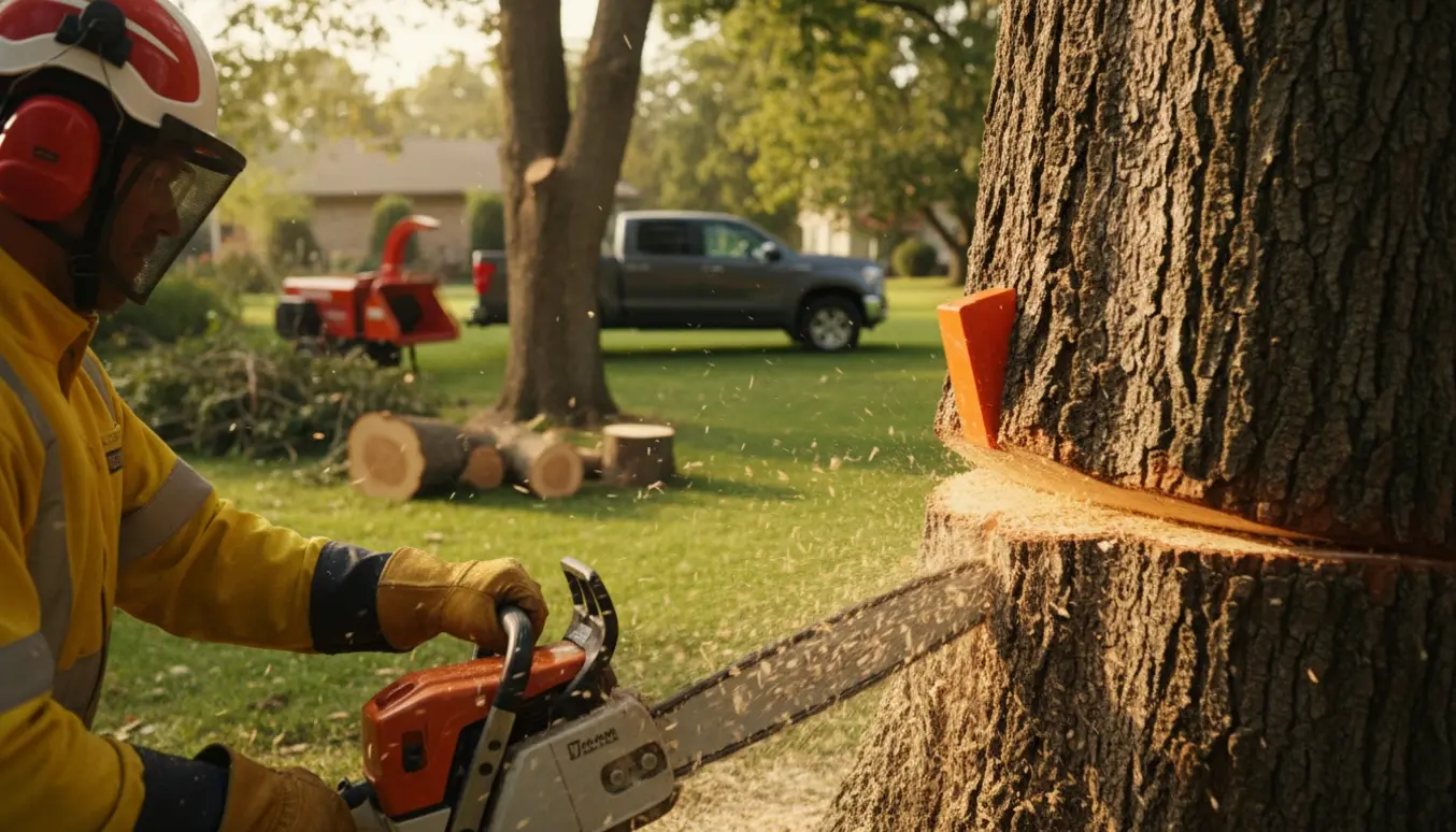 To træer fældes i en have, en motorsav skærer ved stammen og frisk savsmuld ligger på jorden.