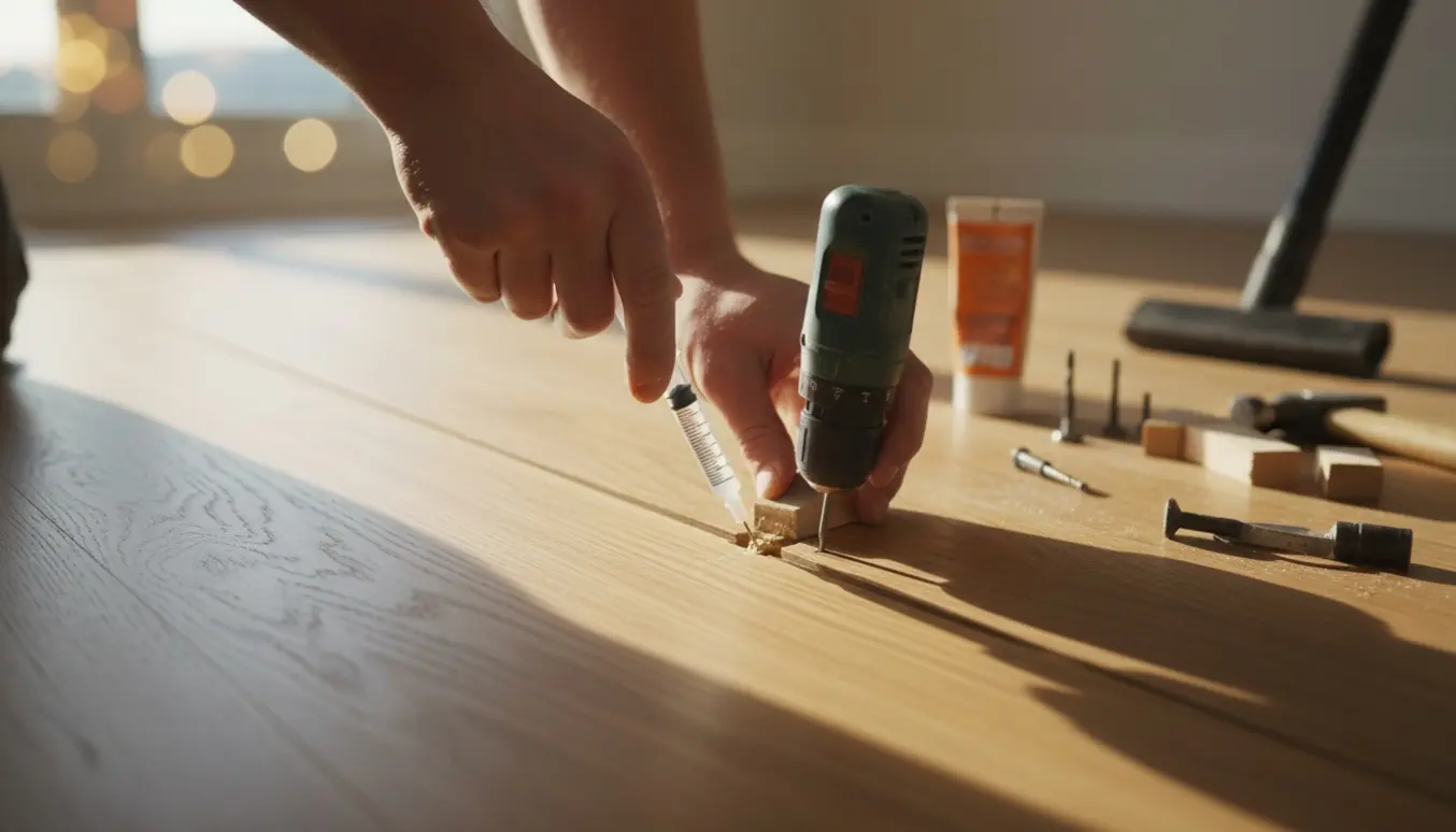 Nærbillede af hænder, der foretager næsten usynlig reparation af et slebet trægulv med lim, små skruer og træspartel i et solbelyst rum.