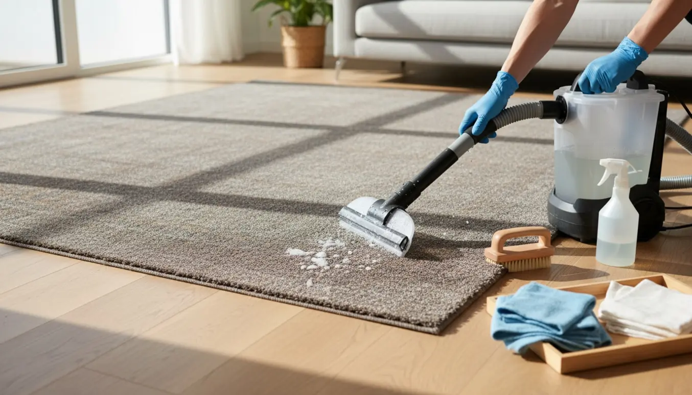 Professionel rengøring af et stort rektangulært tæppe i et lyst opholdsværelse med en tæpperenser og synlig før/efter-kontrast.