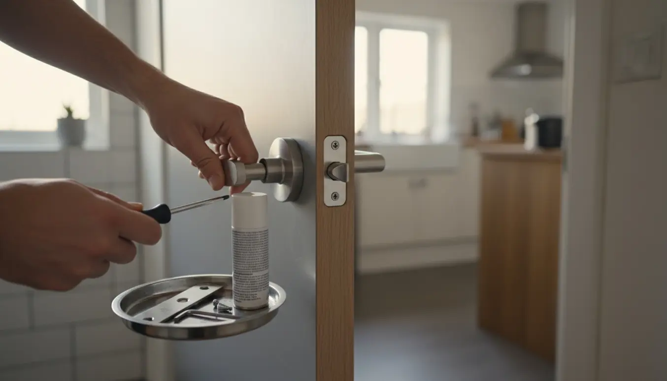 Nærbillede af hænder, der reparerer et dørhåndtag med skruetrækker og reservedele i en hjemmegang.
