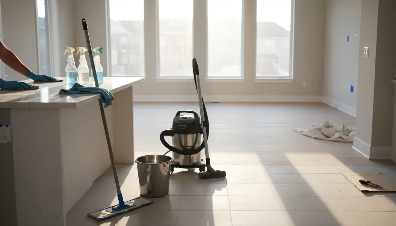 Fagperson i handsker støvsuger og mopper et soloplyst nyrenoveret rum under slutrengøring.