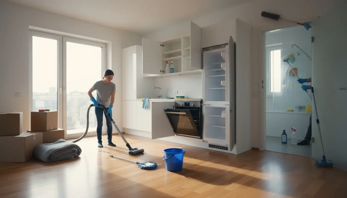 Tom lejlighed efter flytning i dagslys med rengøringsudstyr og hænder, der støvsuger, vasker gulve og aftørrer skabe.