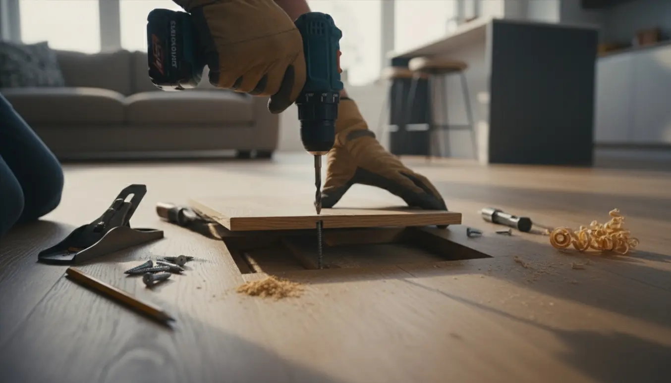 Hænder skruer en løs gulvbræt fast ved overgangen mellem stue og køkken.