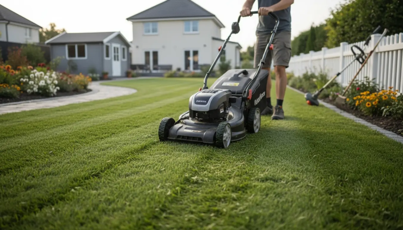 Nypudset middelstor græsplæne med en plæneklipper og stribede klippemønstre i blødt morgenlys.