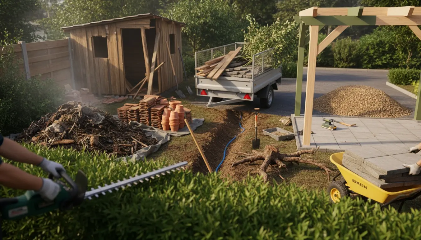 Havearbejde med nedbrydning og oprydning: trailer fyldt med materialer, pergola under slibning og en nygravet rende.