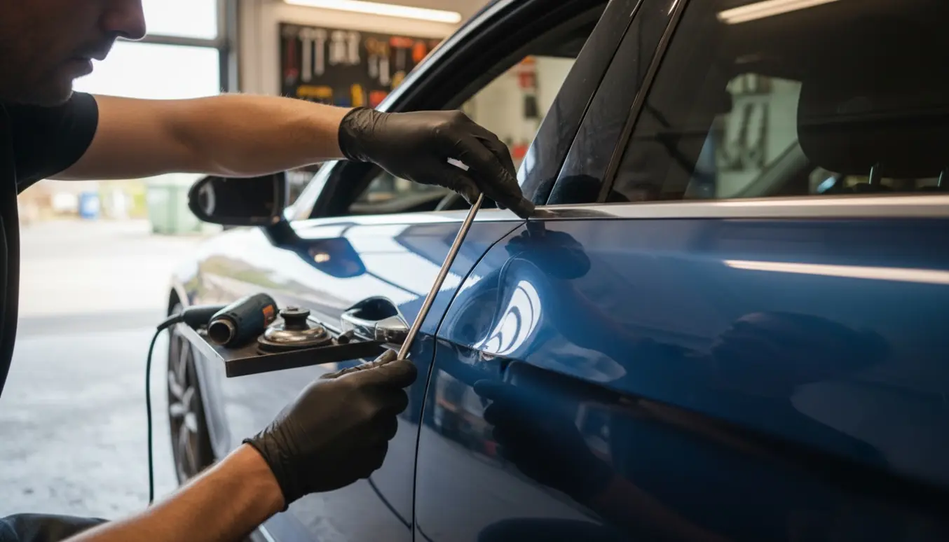 Tekniker retter en bule i en bils dør med specialværktøj i et lyst værksted.