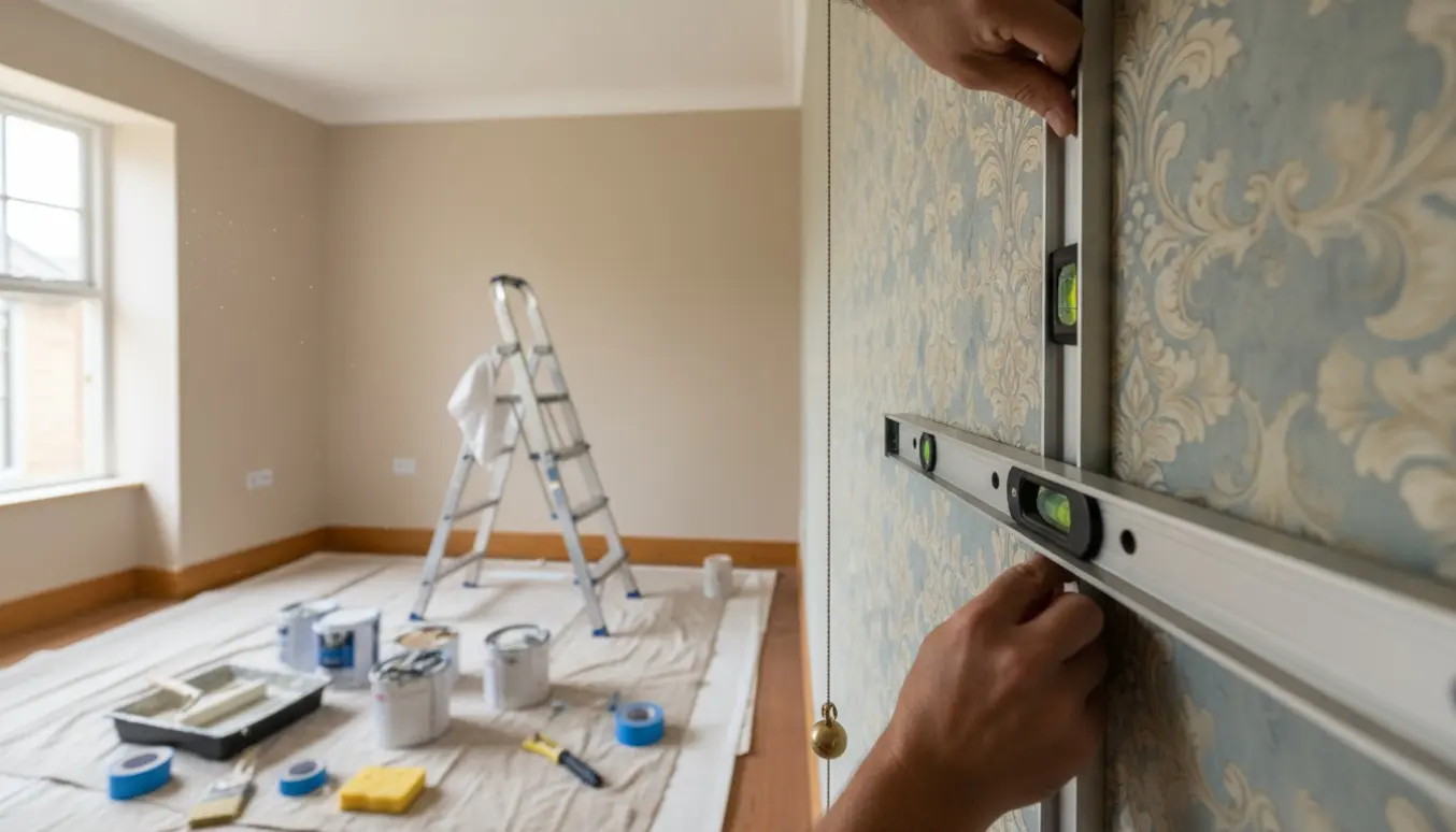 Hænder glatter tapet nøjagtigt ud i et nymalet rum med stige og malerudstyr.