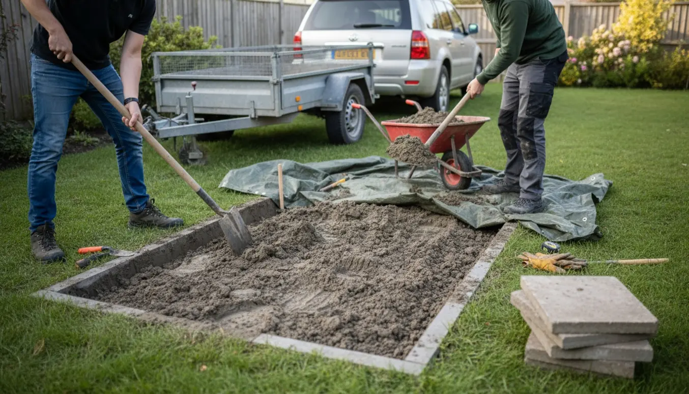 Manuelt gravearbejde med skovl og spade, hvor lerjord læsses på trailer ved siden af bunker af fliser.