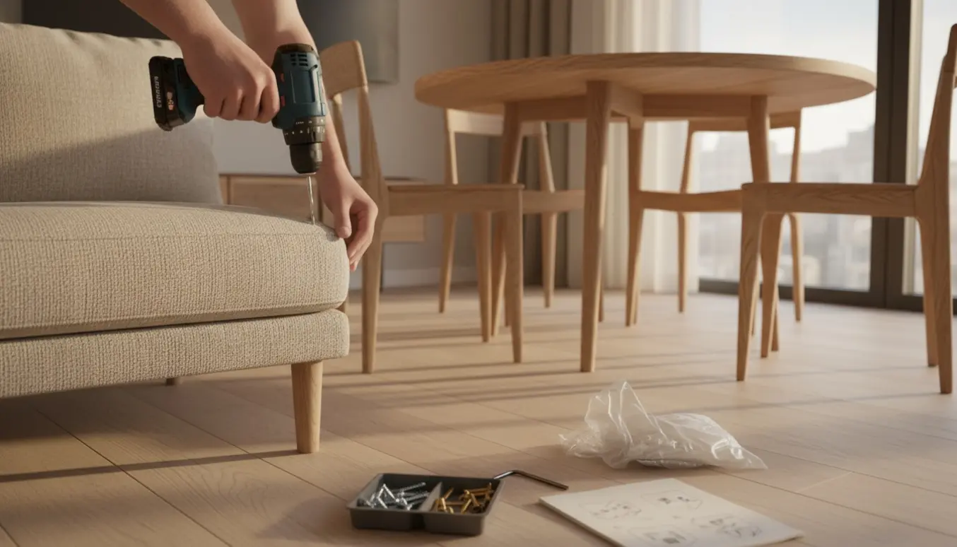 Hænder bruger en boremaskine til at samle sofa, spisebord og stole i et lyst, moderne rum.