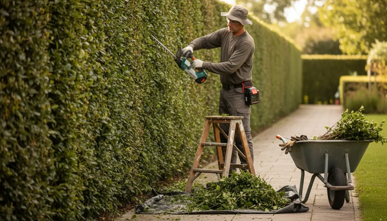 En havearbejder trimmer en lang bøgehæk langs en havegang med afklip samlet i en trillebør.